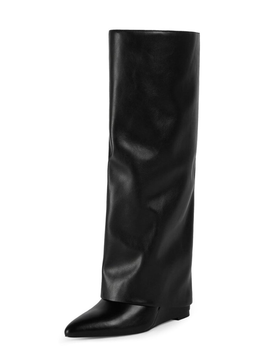 Knee High Boots Women Fold Over Boots Wedge Heel Pointed Toe Tall Boots